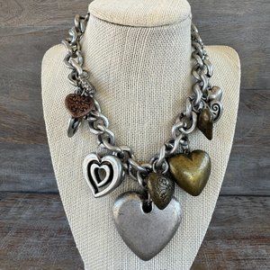 Vintage Mixed Metals Chunky Heart Charm Necklace